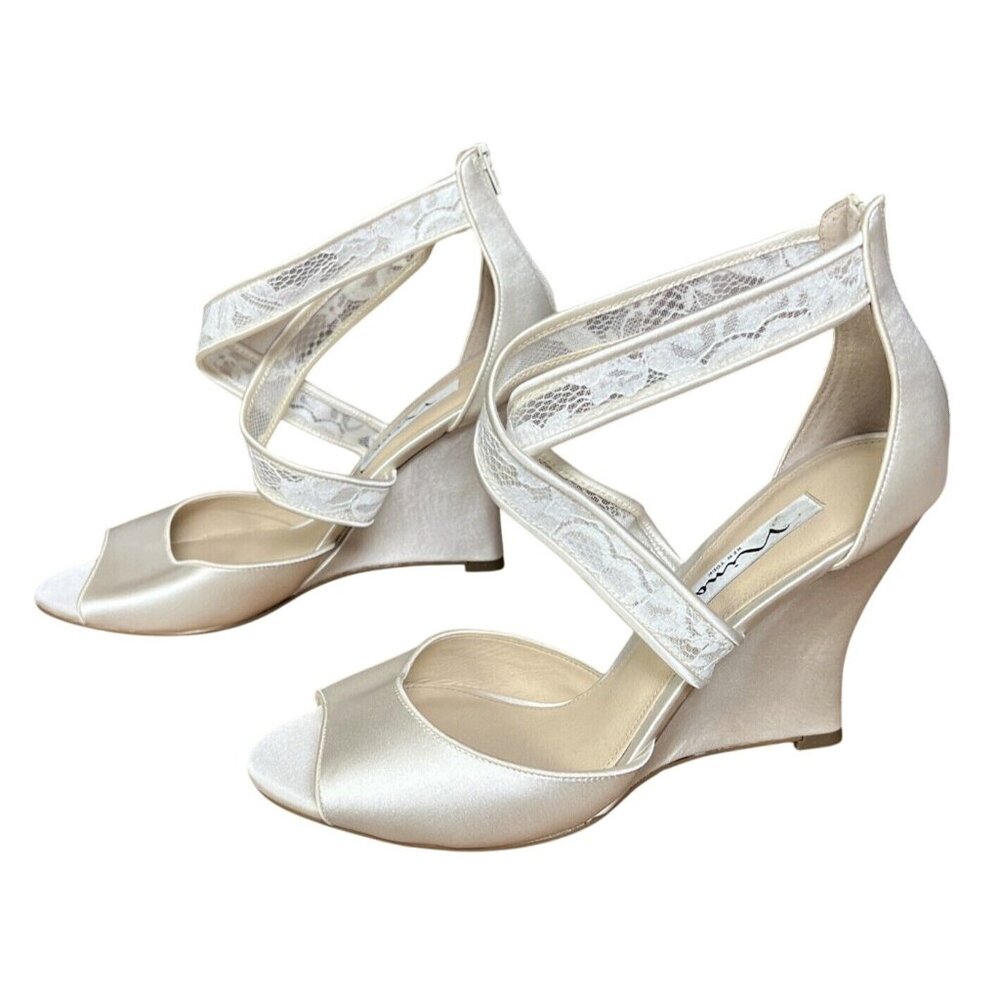 Nina Ivory Peep Toe Strappy Padded Elyana Wedge Zip Up Shoes 9.5 - Picture 3 of 6